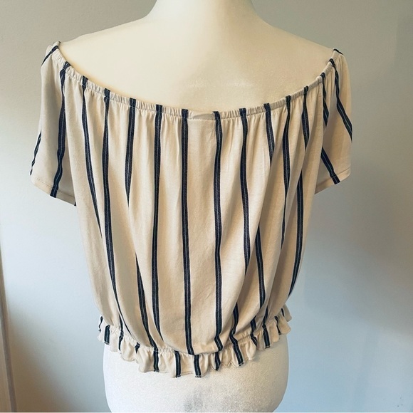 VINTAGE On/Off Shoulder Off White Top - Black Strip - Waist Elastic - Size L - Picture 8 of 11